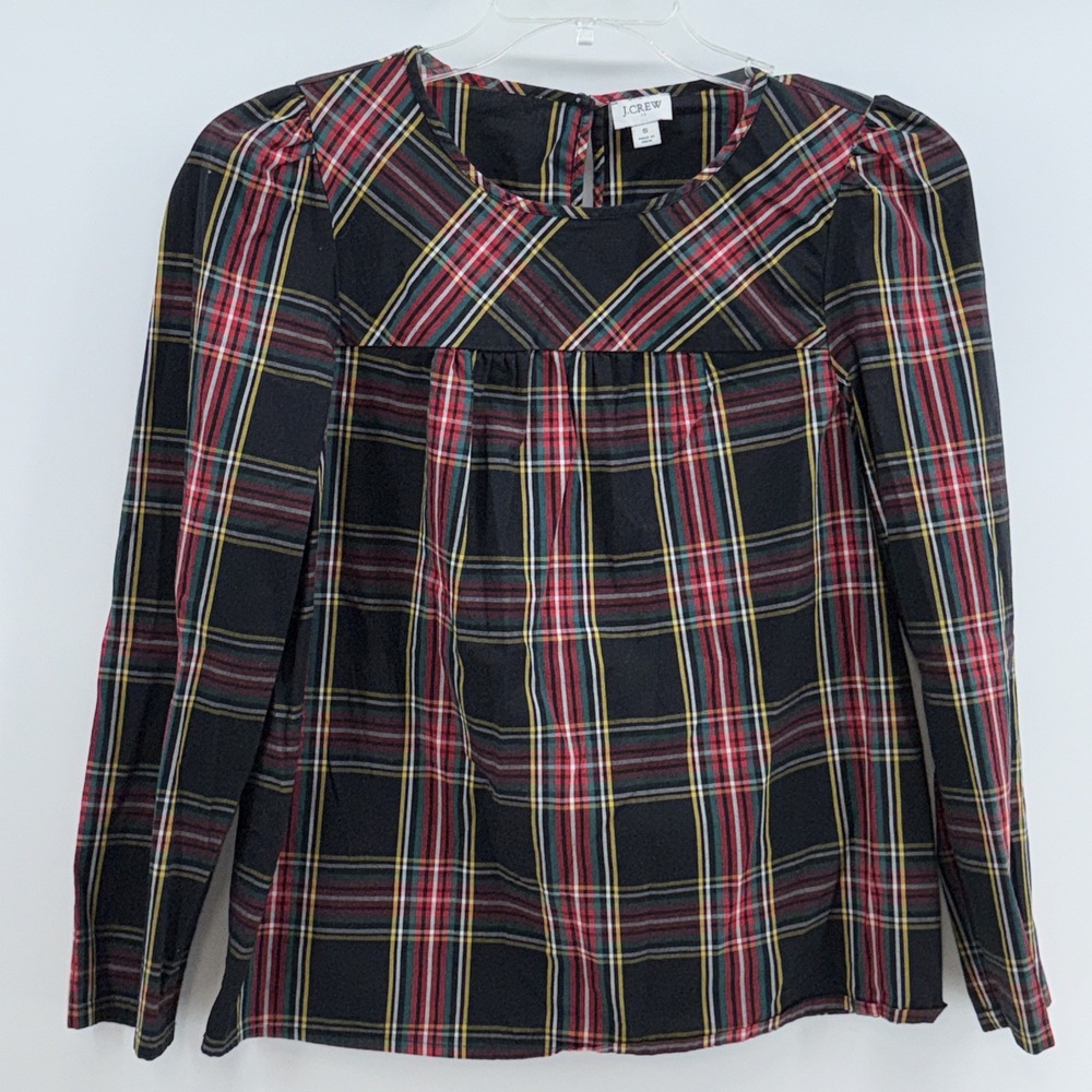 J Crew Tartan Plaid Puff-sleeve Blouse Top in Stretch Poplin Women's Size S